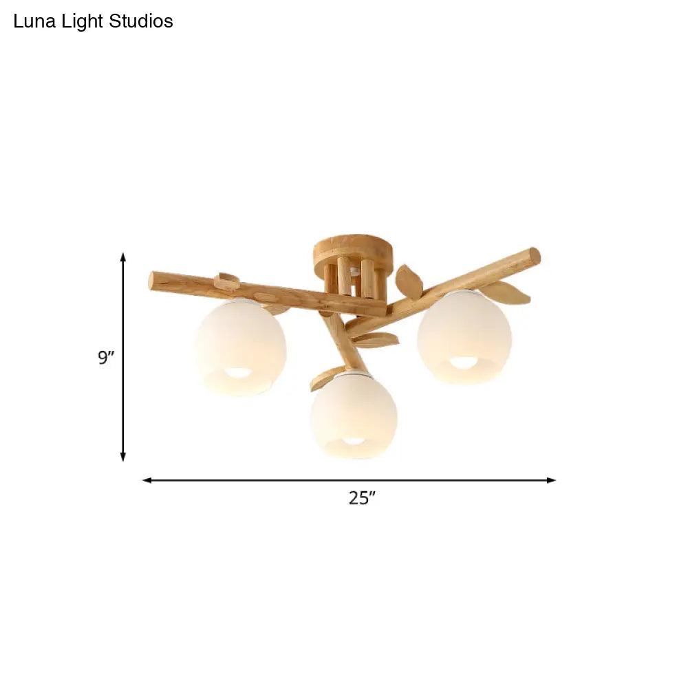DecorBites™ DecorBites™ Modern Wood Branch Semi Flush Lighting - Beige Lamp with Milk White Glass Shade (3/5-Head)