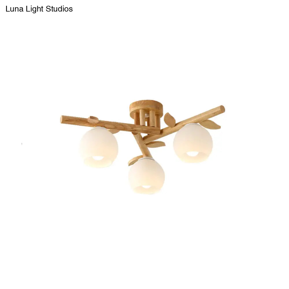 DecorBites™ DecorBites™ Modern Wood Branch Semi Flush Lighting - Beige Lamp with Milk White Glass Shade (3/5-Head)