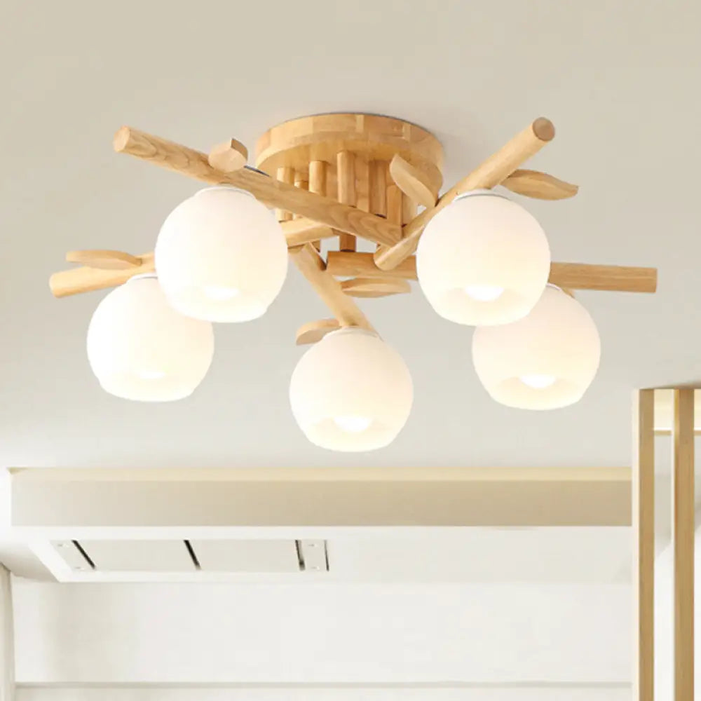 DecorBites™ DecorBites™ Modern Wood Branch Semi Flush Lighting - Beige Lamp with Milk White Glass Shade (3/5-Head)