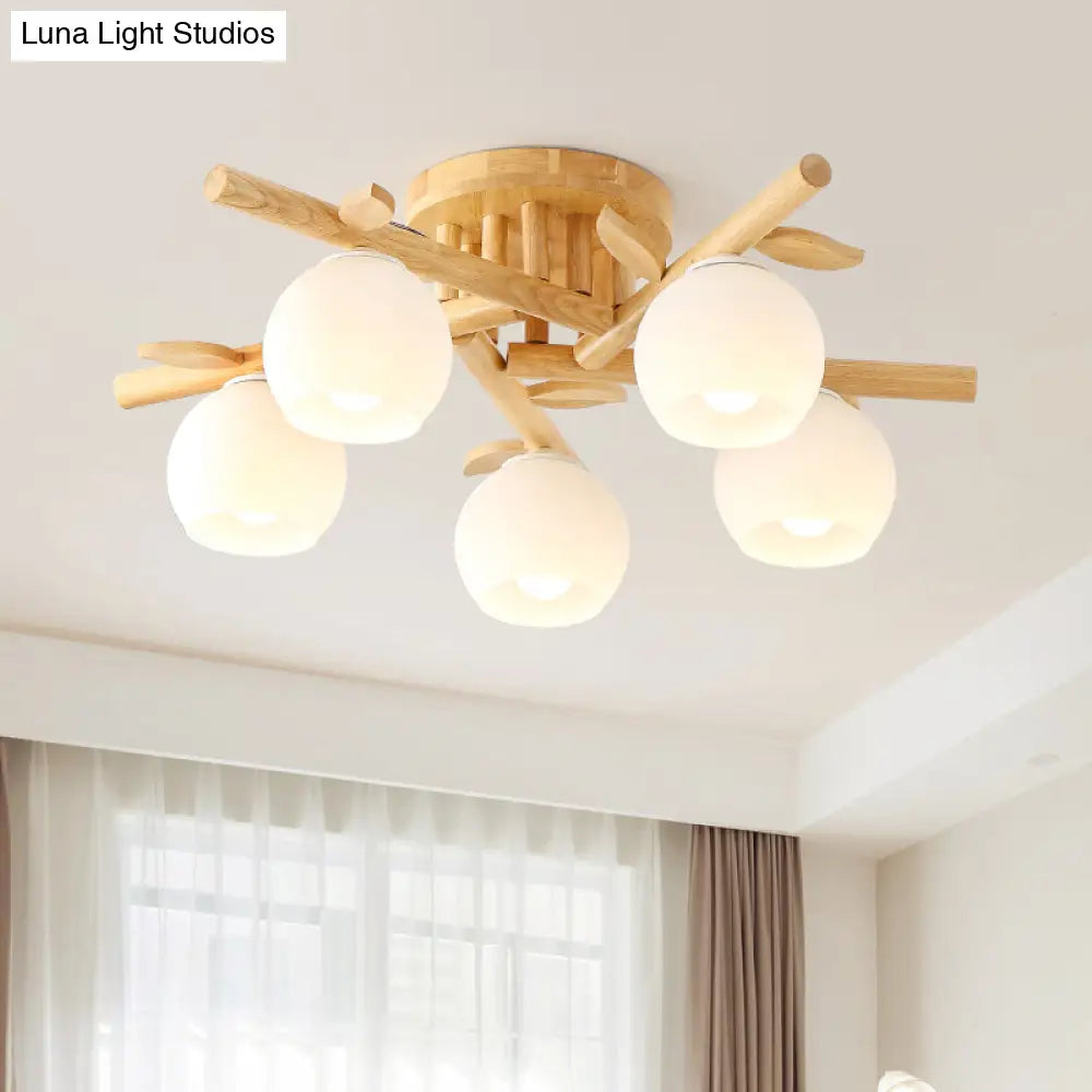 DecorBites™ DecorBites™ Modern Wood Branch Semi Flush Lighting - Beige Lamp with Milk White Glass Shade (3/5-Head)