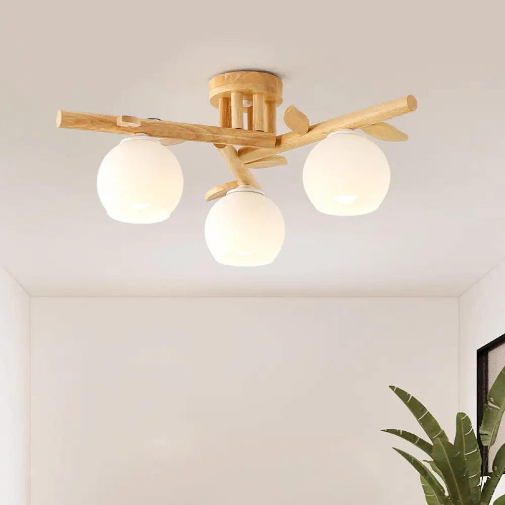 DecorBites™ DecorBites™ Modern Wood Branch Semi Flush Lighting - Beige Lamp with Milk White Glass Shade (3/5-Head)