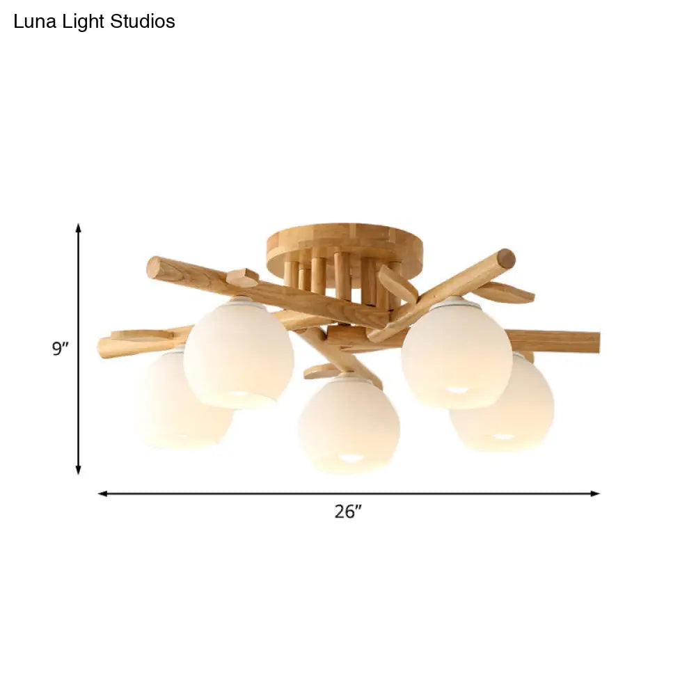 DecorBites™ DecorBites™ Modern Wood Branch Semi Flush Lighting - Beige Lamp with Milk White Glass Shade (3/5-Head)