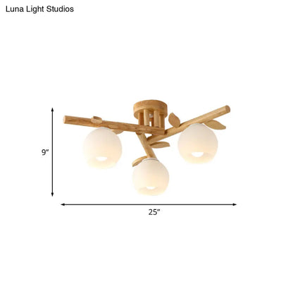 DecorBites™ DecorBites™ Modern Wood Branch Semi Flush Lighting - Beige Lamp with Milk White Glass Shade (3/5-Head)