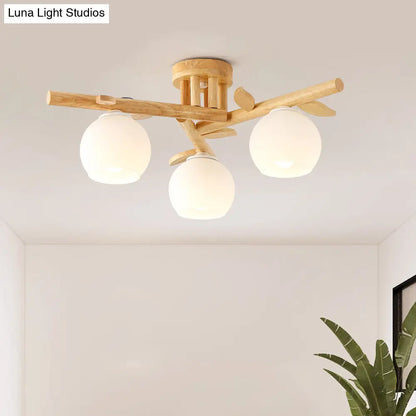 DecorBites™ DecorBites™ Modern Wood Branch Semi Flush Lighting - Beige Lamp with Milk White Glass Shade (3/5-Head)