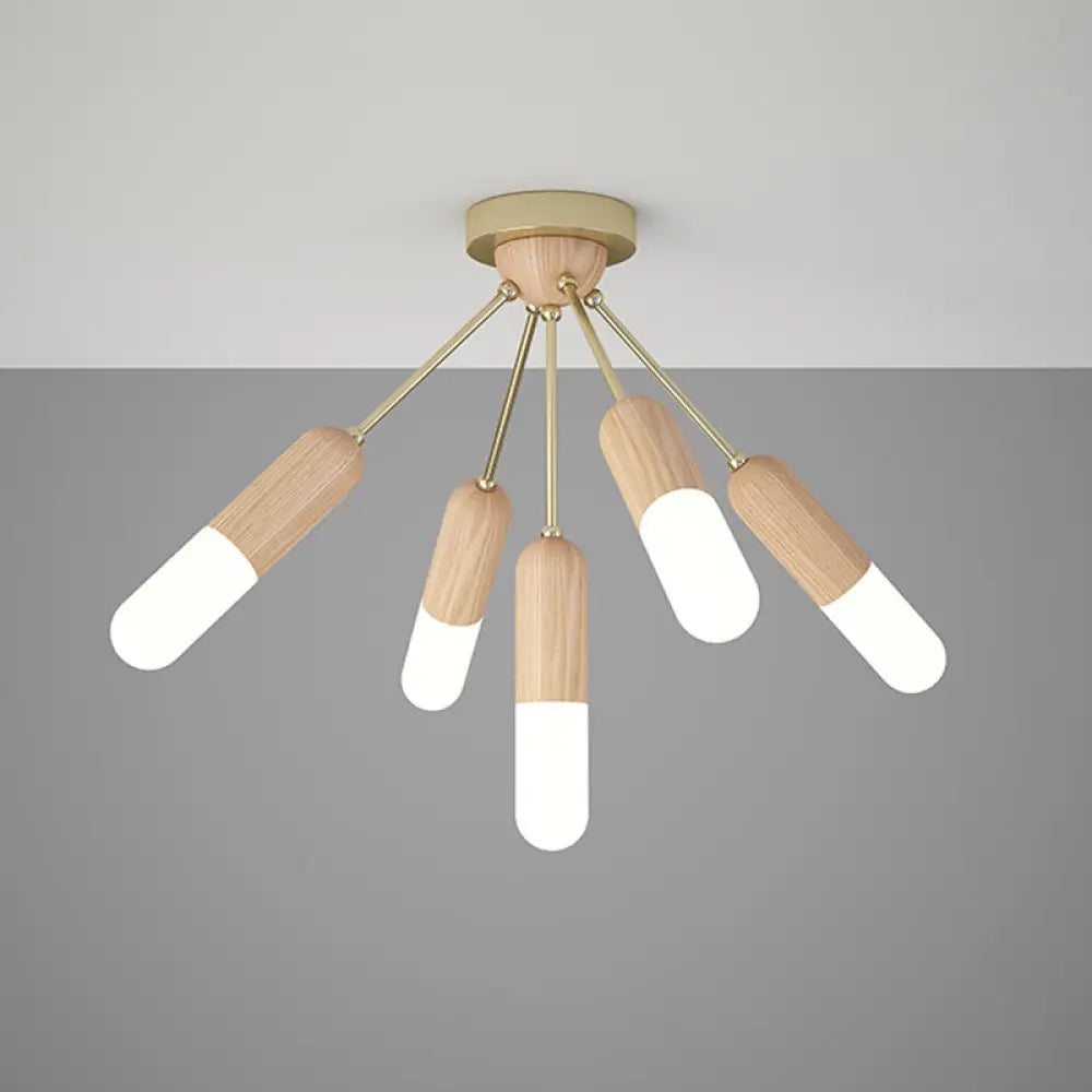 DecorBites™ DecorBites™ Modern Wood Capsule Semi Mount Ceiling Lamp for Bedroom - Beige, 3/5-Light