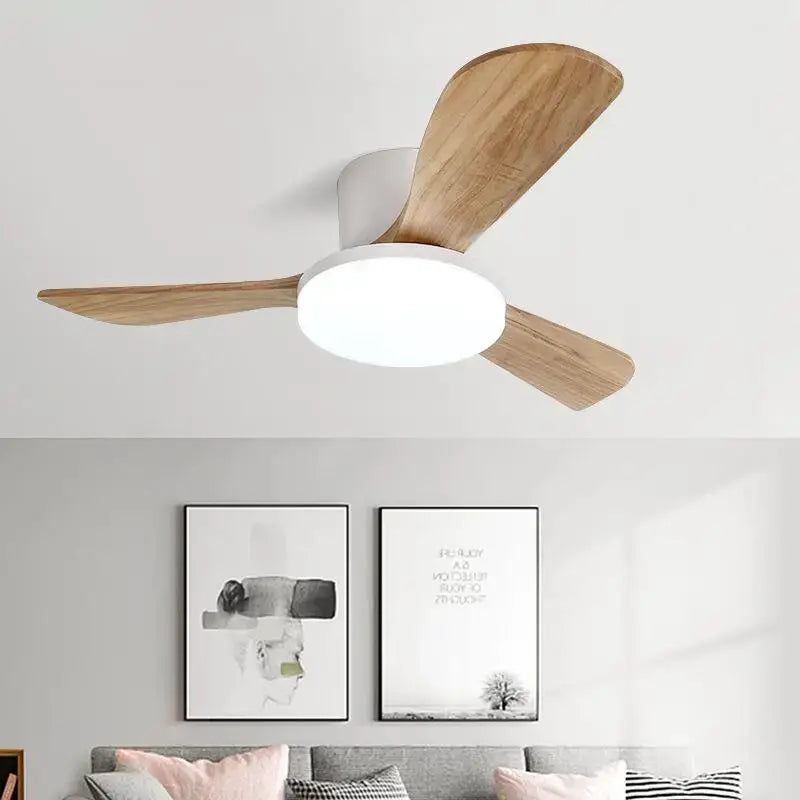 Modern wood ceiling fan light with three light wood blades and white circular led ceiling fan light fixture for living room