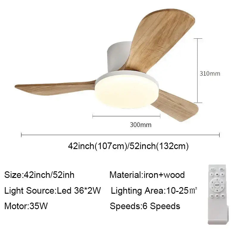 Modern wood ceiling fan light with three light wood blades and white led housing for living room ceiling fan light