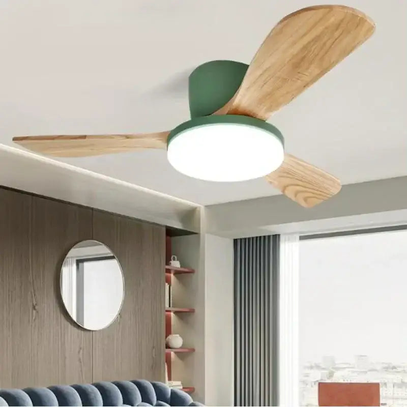 Modern wood ceiling fan light with three light wooden blades and matte green housing featuring integrated led light