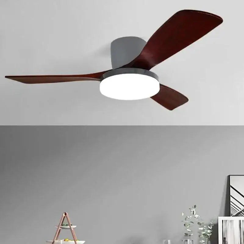 Modern ceiling fan light with three dark wood blades and integrated circular led fixture in sleek gray housing