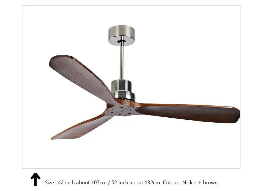 Modern wood ceiling fan with light featuring sleek nickel motor housing and three dark brown wooden blades for living room