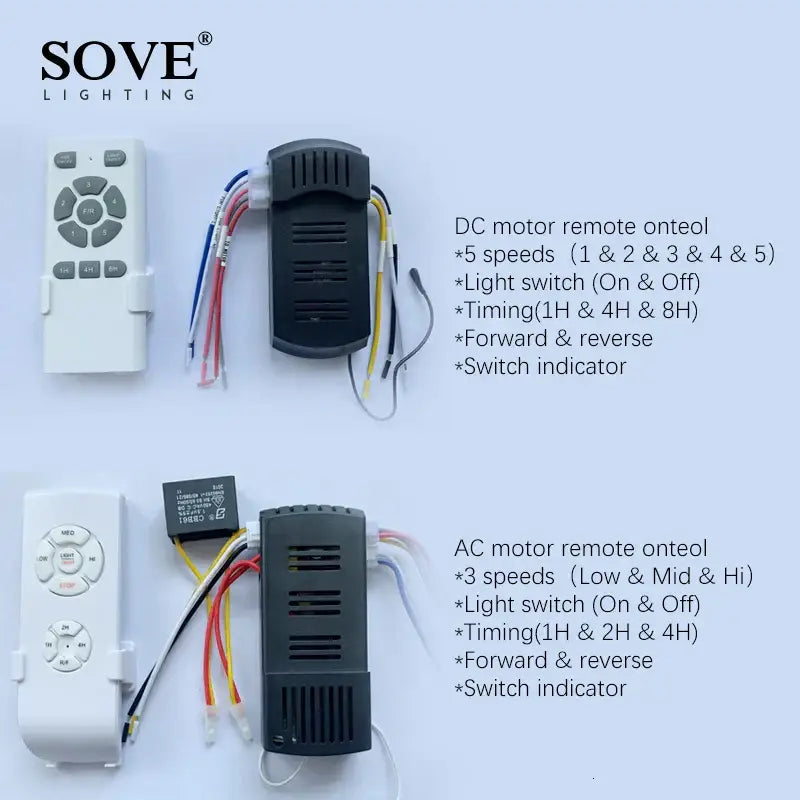 Modern wood ceiling fan with light for living room featuring sove lighting dc and ac motor remote kits white remotes black receivers