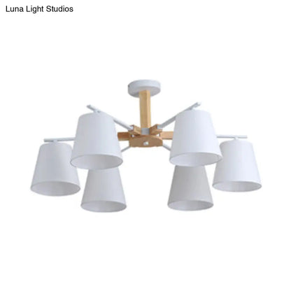 Modern Wood Ceiling Pendant with Tapered Fabric Shade - Available with 3/6 Heads for Living Room Chandelier Lighting