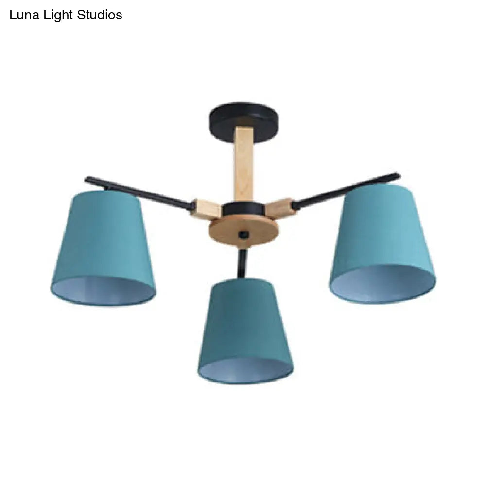 Modern Wood Ceiling Pendant with Tapered Fabric Shade - Available with 3/6 Heads for Living Room Chandelier Lighting