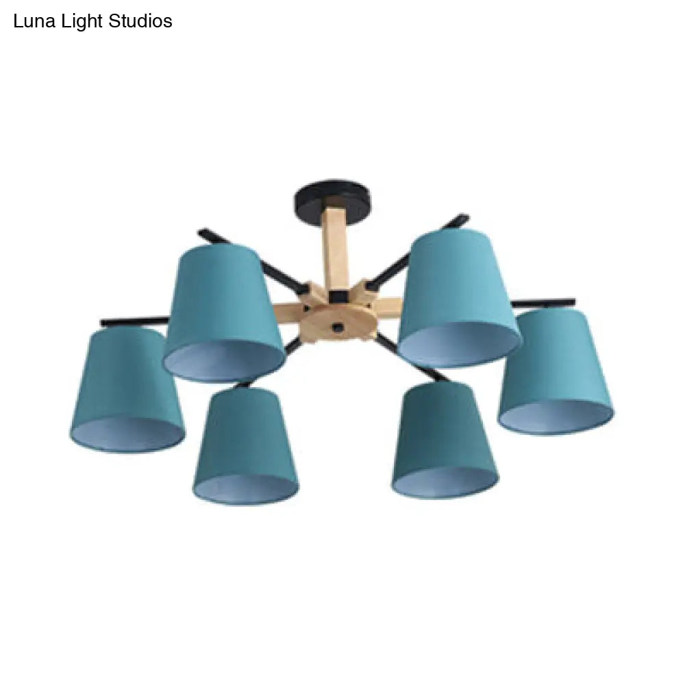 Modern Wood Ceiling Pendant with Tapered Fabric Shade - Available with 3/6 Heads for Living Room Chandelier Lighting