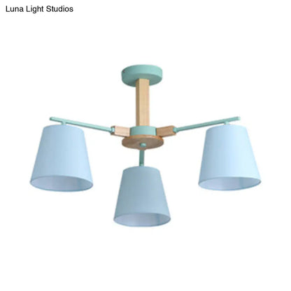 Modern Wood Ceiling Pendant with Tapered Fabric Shade - Available with 3/6 Heads for Living Room Chandelier Lighting