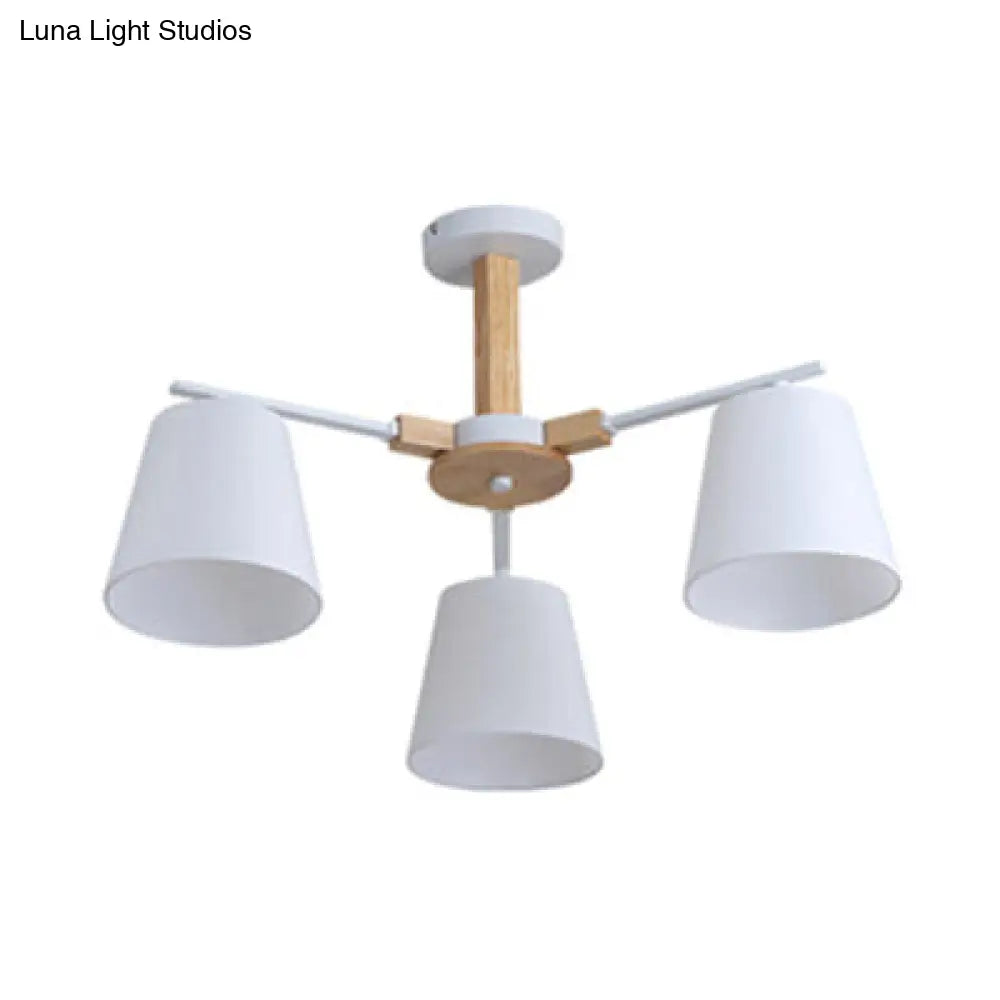 Modern Wood Ceiling Pendant with Tapered Fabric Shade - Available with 3/6 Heads for Living Room Chandelier Lighting