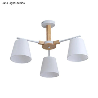 Modern Wood Ceiling Pendant with Tapered Fabric Shade - Available with 3/6 Heads for Living Room Chandelier Lighting