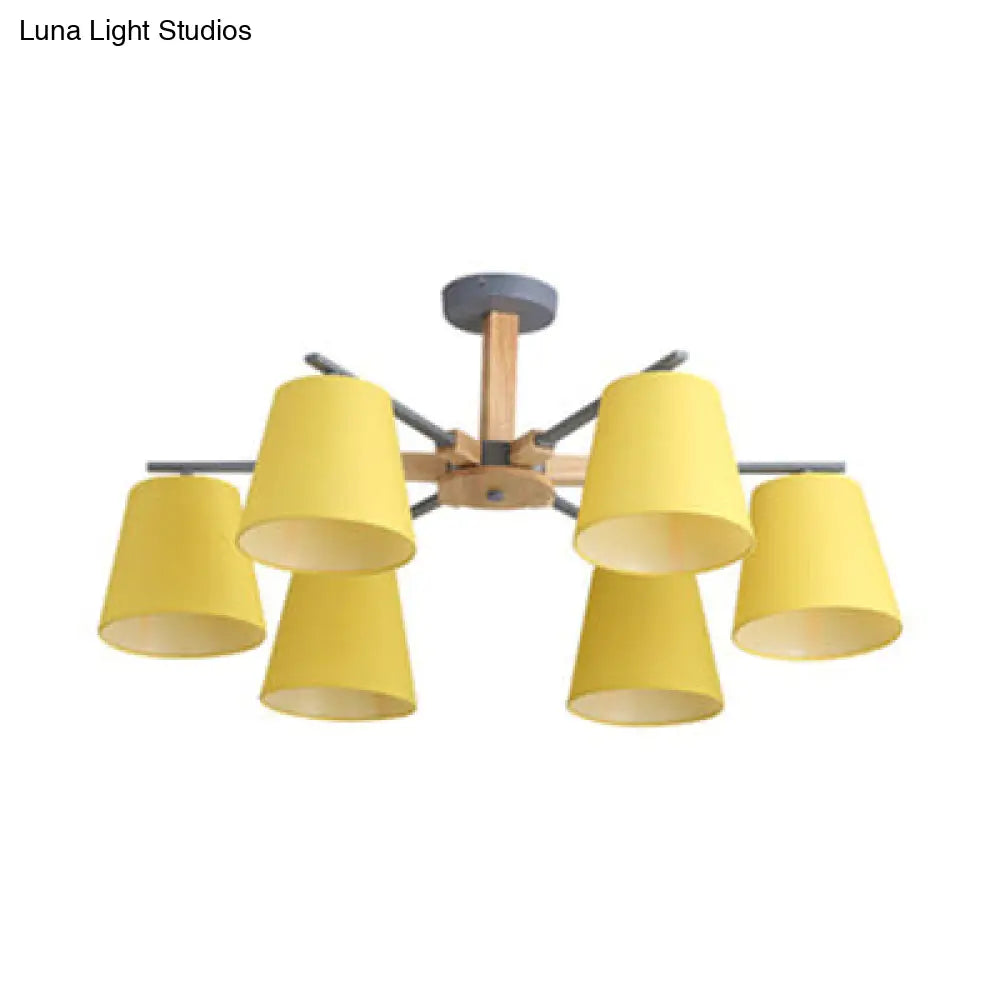Modern Wood Ceiling Pendant with Tapered Fabric Shade - Available with 3/6 Heads for Living Room Chandelier Lighting