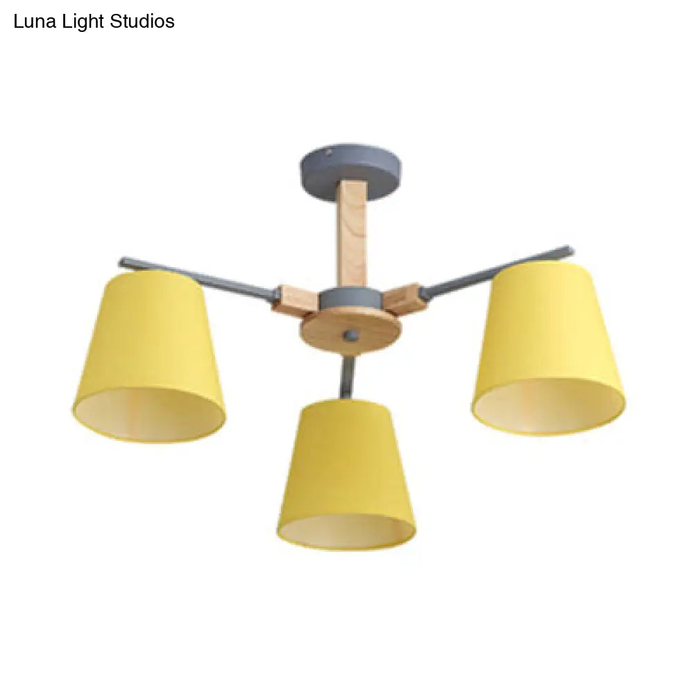 Modern Wood Ceiling Pendant with Tapered Fabric Shade - Available with 3/6 Heads for Living Room Chandelier Lighting