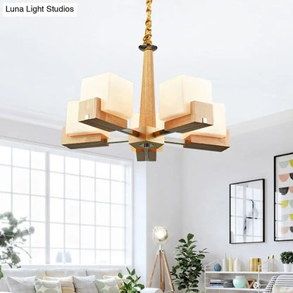 Modern Wood Cube Chandelier with Multiple Bulbs for Bedroom
