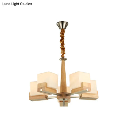 Modern Wood Cube Chandelier with Multiple Bulbs for Bedroom