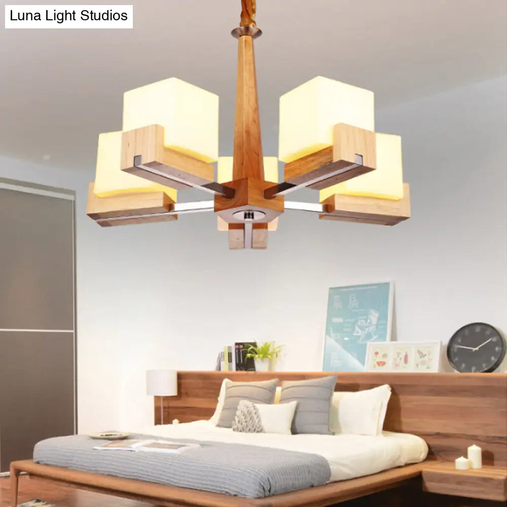 Modern Wood Cube Chandelier with Multiple Bulbs for Bedroom