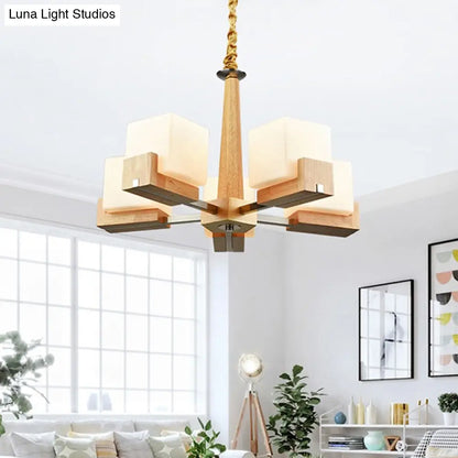 Modern Wood Cube Chandelier with Multiple Bulbs for Bedroom