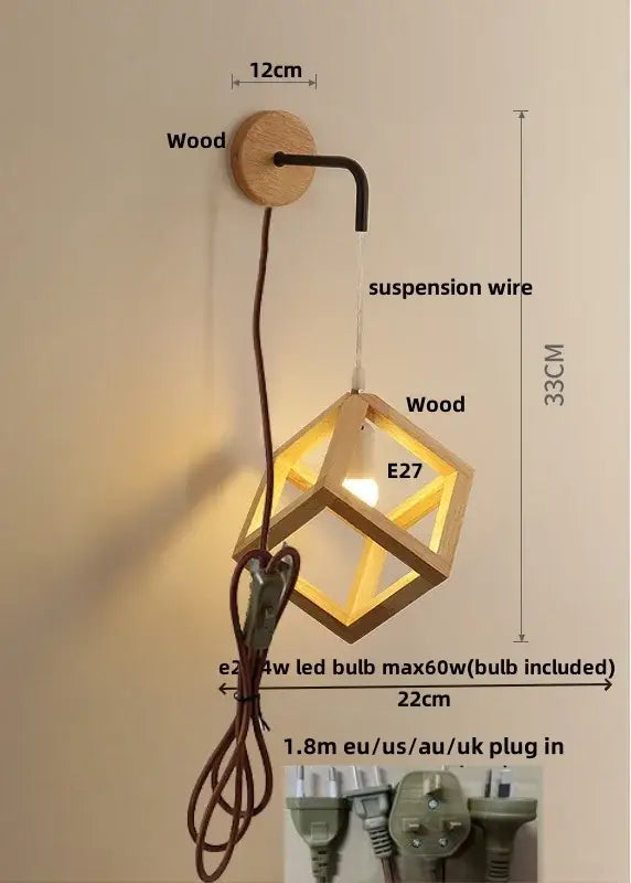 Minimalist natural wood cube led wall light with e27 socket and suspension wire for modern bedroom sconce lighting