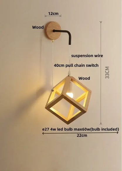 Minimalist wooden cube led wall light with black metal arm and pull chain switch for modern bedroom sconce wall lights