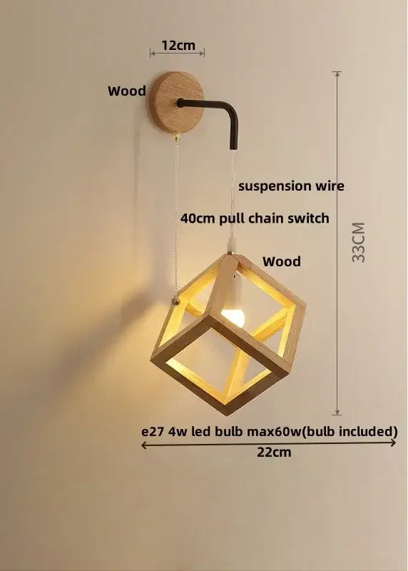 Minimalist wooden cube led wall light with black metal arm and pull chain switch for modern bedroom sconce wall lights