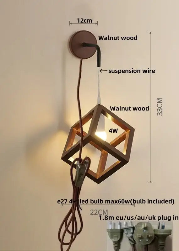 Walnut wood cube led wall light with 4w led bulb and suspension wire for modern bedroom sconce wall lights