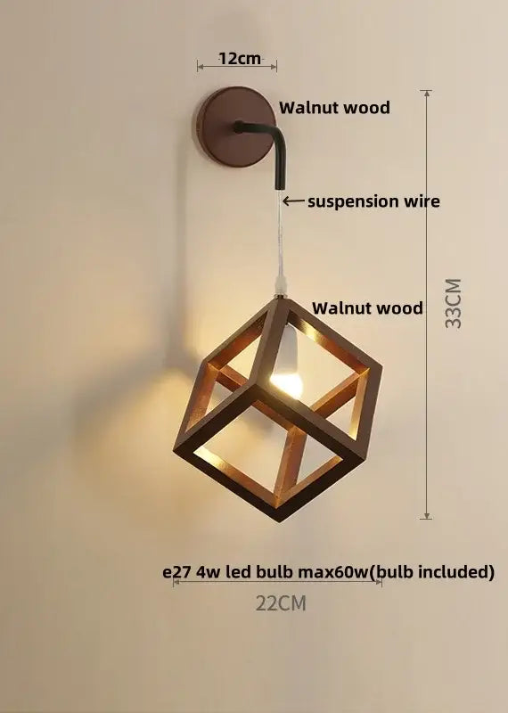 Walnut wood cube led wall lights with black suspension wire and included led bulb for modern bedroom sconce lighting