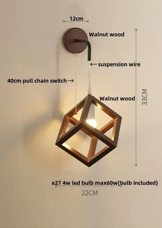 Walnut wood cube led wall light with black suspension wire and pull chain switch for modern bedroom sconce wall lights