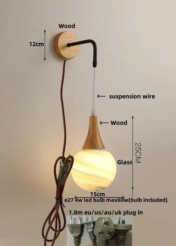 A warm glowing glass pendant lamp with wooden base and curved arm for modern wood cube led wall lights bedroom sconce