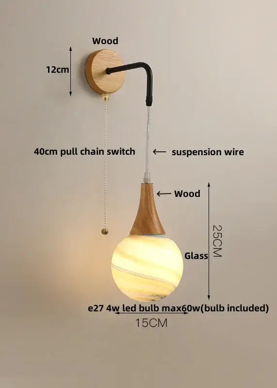 A warm-toned glass pendant lamp with wooden base and curved arm for modern cube led wall lights bedroom sconce
