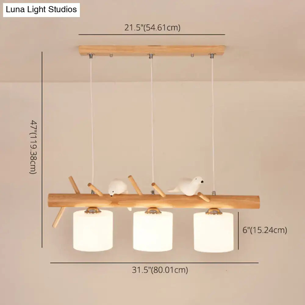 Modern wood cylinder hanging light with white glass shades and decorative bird figurines for kitchen use 220v-240v 110v-120v