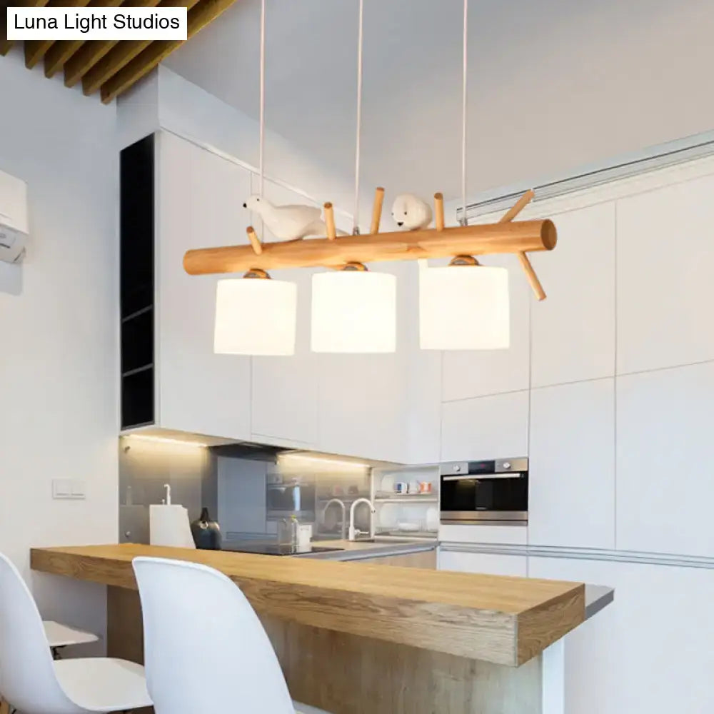 Natural wood cylinder hanging pendant light with three white glass shades and decorative polar bear figurines for kitchen 220v-240v 110v-120v