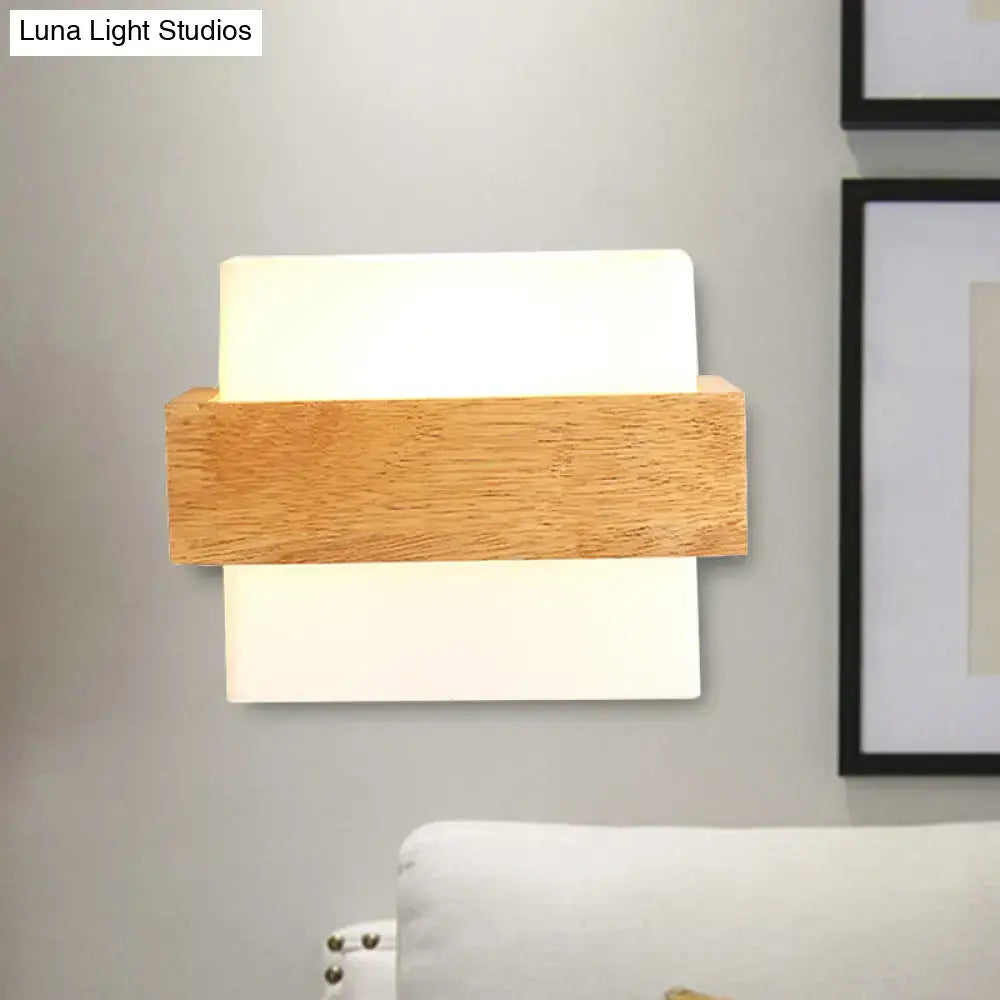 Minimalist wall lamp with warm wood deco milk frame and two white deco milk glass diffusers for bedroom sconce lighting