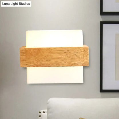 Minimalist wall lamp with warm wood deco milk frame and two white deco milk glass diffusers for bedroom sconce lighting