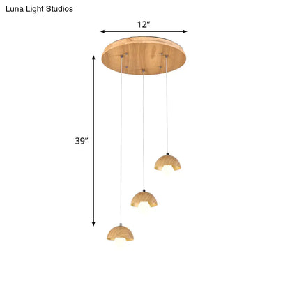 Modern Wood Dome Pendant Chandelier with 3 Beige Bulbs - Stylish Hanging Ceiling Lamp