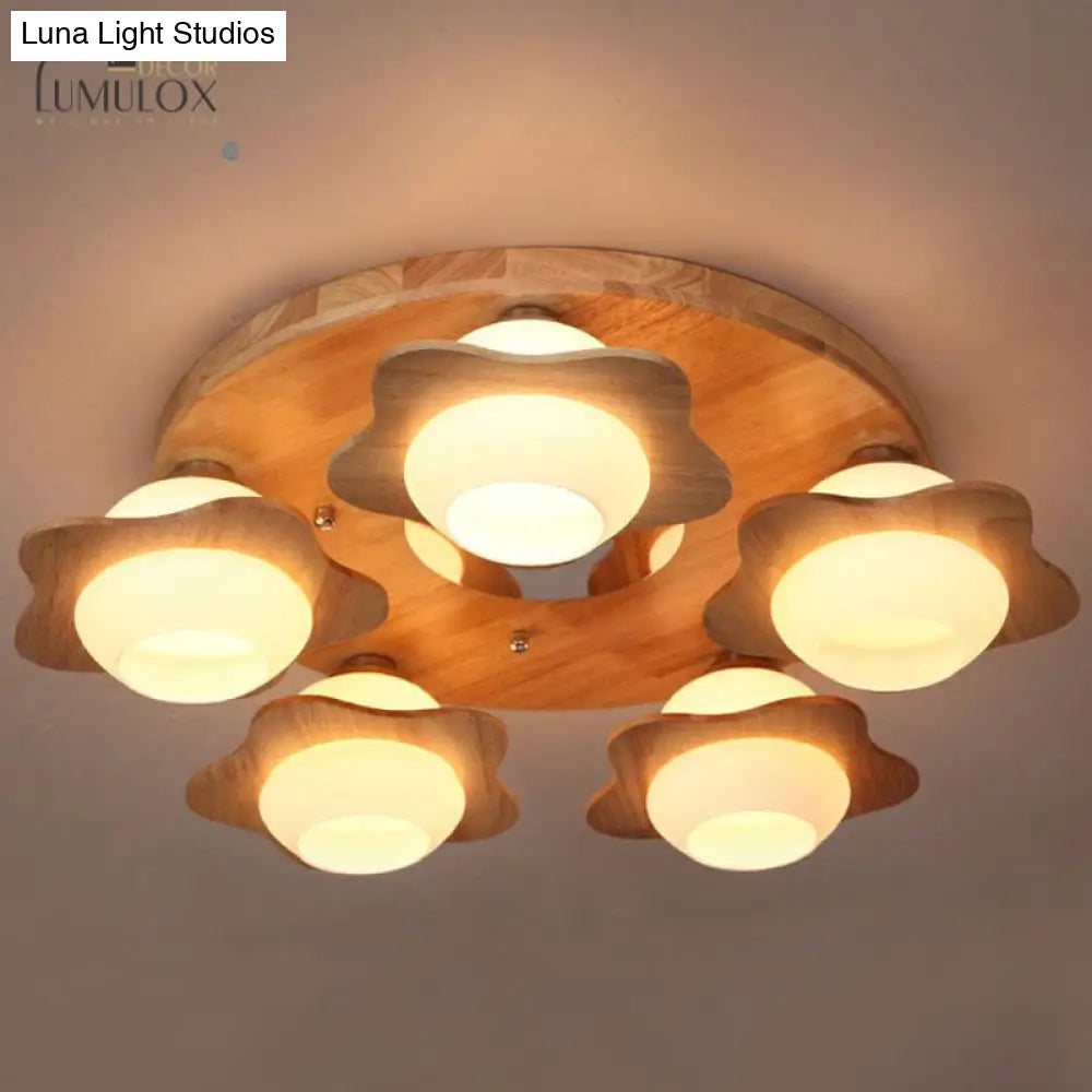 DecorBites™ DecorBites™ Modern Wood Flushmount with Flower Ivory Glass Shade - 5 Lights Bedroom Flush Ceiling Light