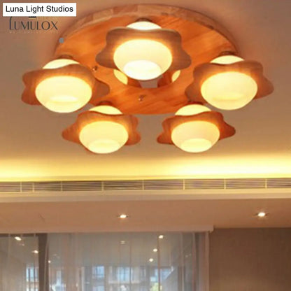 DecorBites™ DecorBites™ Modern Wood Flushmount with Flower Ivory Glass Shade - 5 Lights Bedroom Flush Ceiling Light