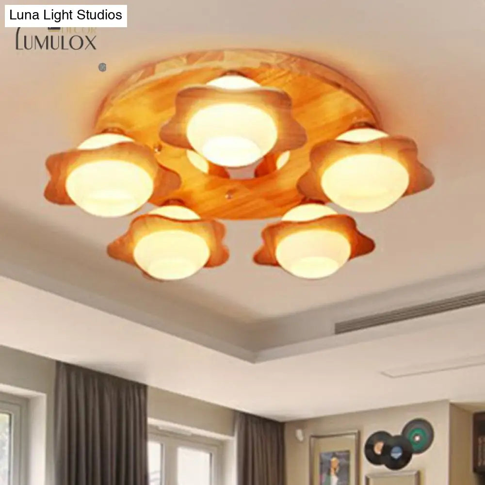 DecorBites™ DecorBites™ Modern Wood Flushmount with Flower Ivory Glass Shade - 5 Lights Bedroom Flush Ceiling Light