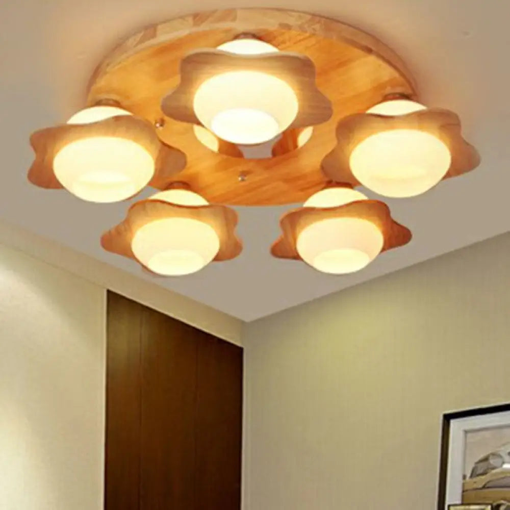 DecorBites™ DecorBites™ Modern Wood Flushmount with Flower Ivory Glass Shade - 5 Lights Bedroom Flush Ceiling Light
