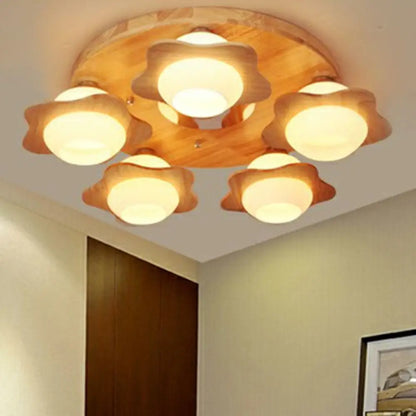 DecorBites™ DecorBites™ Modern Wood Flushmount with Flower Ivory Glass Shade - 5 Lights Bedroom Flush Ceiling Light