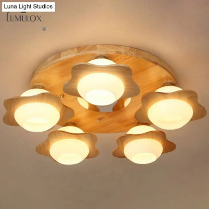 DecorBites™ DecorBites™ Modern Wood Flushmount with Flower Ivory Glass Shade - 5 Lights Bedroom Flush Ceiling Light