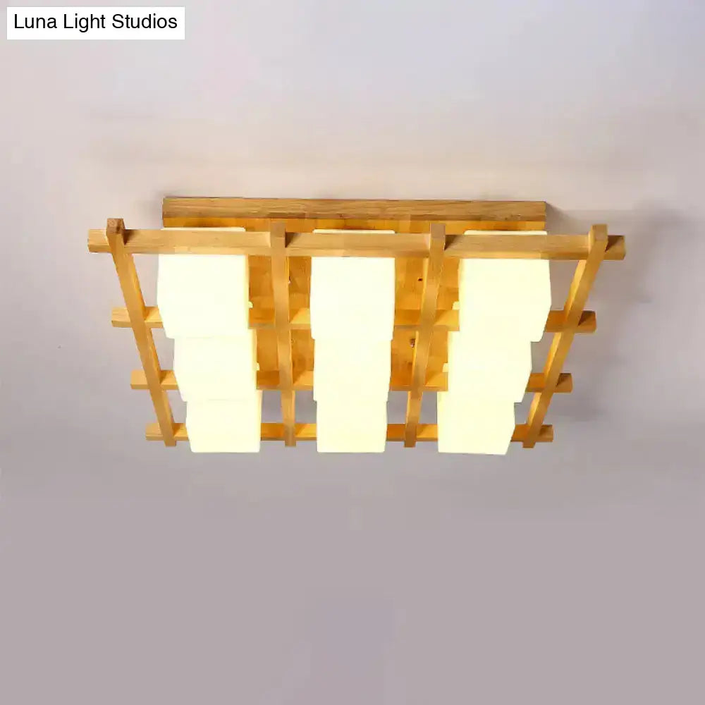 Modern wood grid semi flush mount ceiling light with rectangular wooden frame and three frosted glass panels for living room