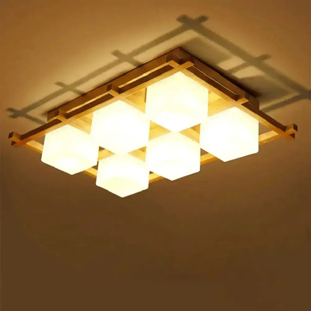 Modern wood grid semi flush mount ceiling light with warm golden wooden frame and six frosted glass cubes for living room