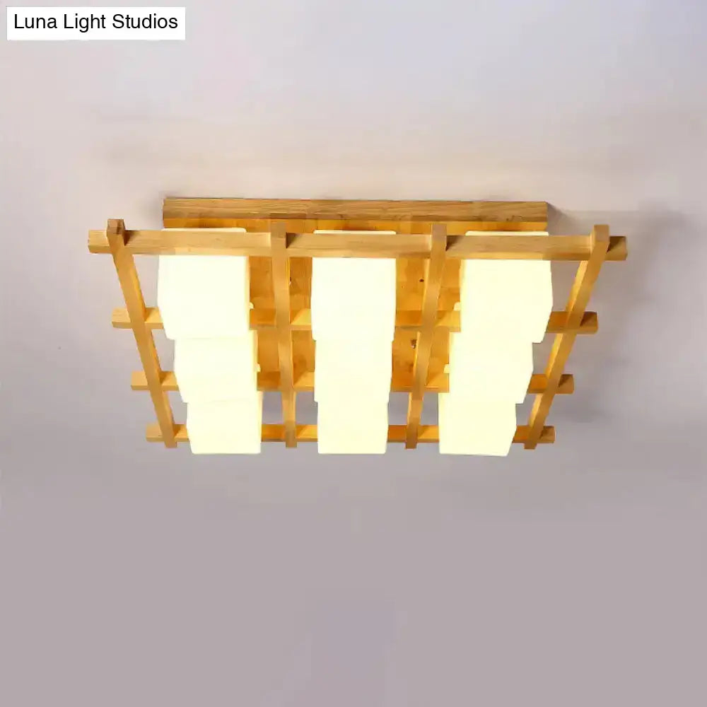 Rectangular wood grid semi flush mount ceiling light with natural wood frame and frosted glass panels for living room
