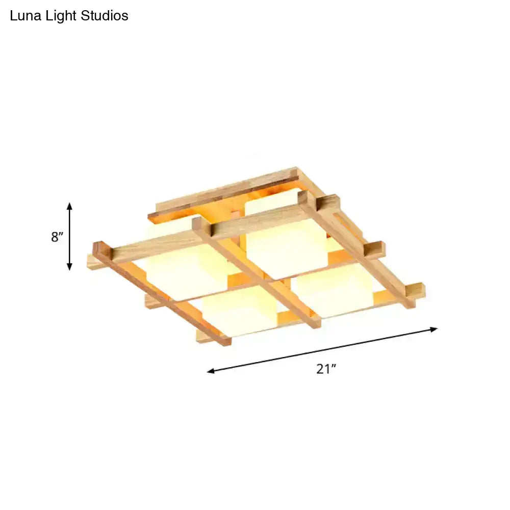 Lightweight modern wood grid semi flush mount ceiling light with four frosted glass panels and natural bamboo frame